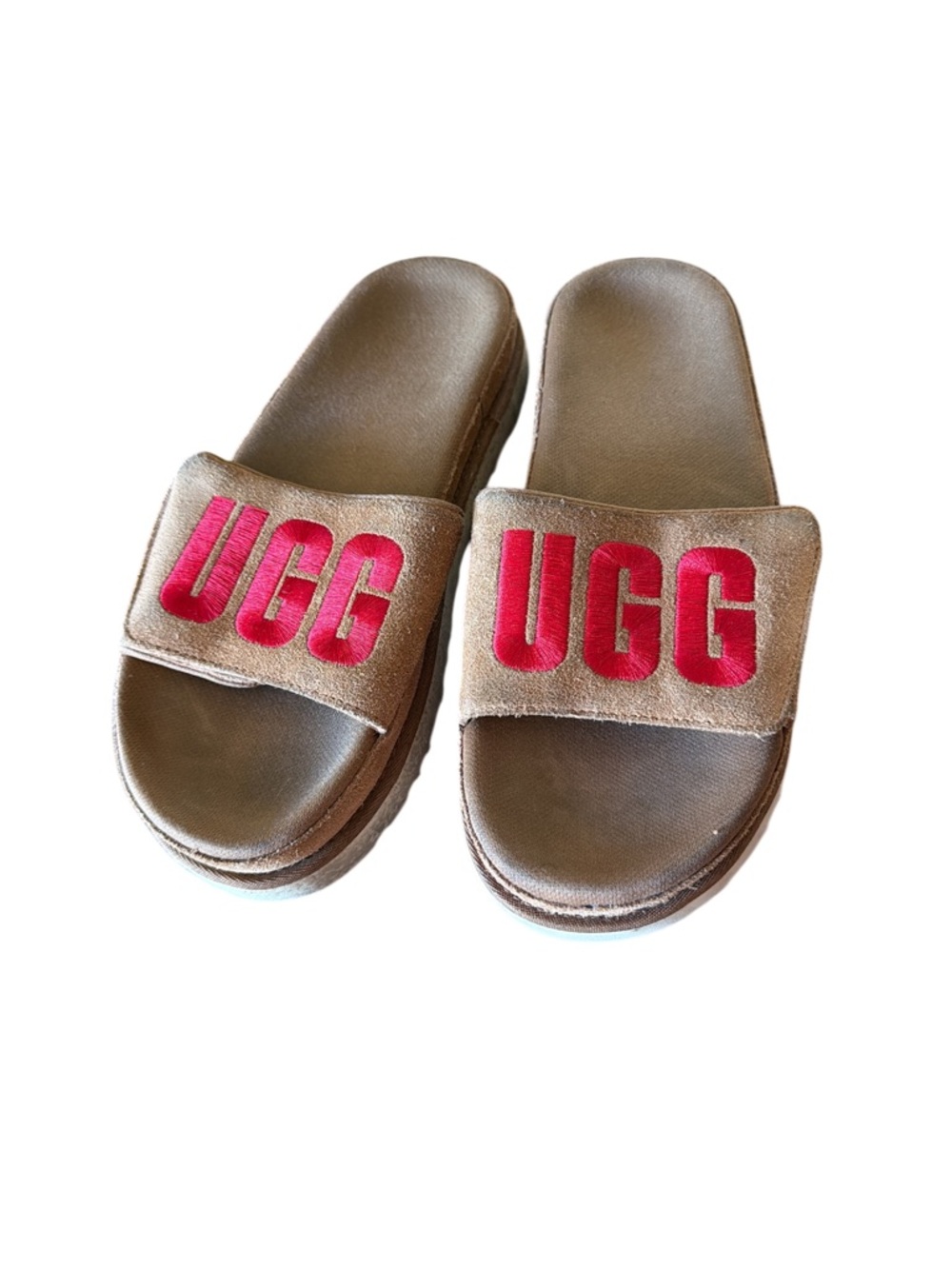 UGG Brown Slides with Bright Pink Logo